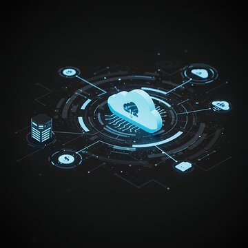 Abstract digital illustration of a cloud computing network with data servers and connected nodes