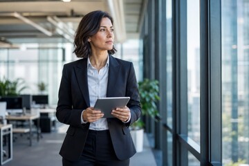 Fototapeta premium Thoughtful businesswoman stands near a large window in an office, holding a tablet and looking out, contemplating strategy.