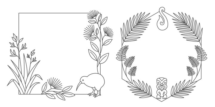 New Zealand Botanical Vector Borders with Kiwi Bird and Maori