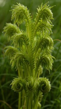 Nature Green fern young frond unfurling leaf with dew drop macro nature fresh foliage lush plant spring growth natural pattern botany study fern fiddlehead green plant nature macro dew fresh spring