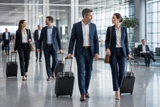 Business travelers in sharp suits with rolling luggage walk purposefully through a bright, modern airport terminal during a business trip.