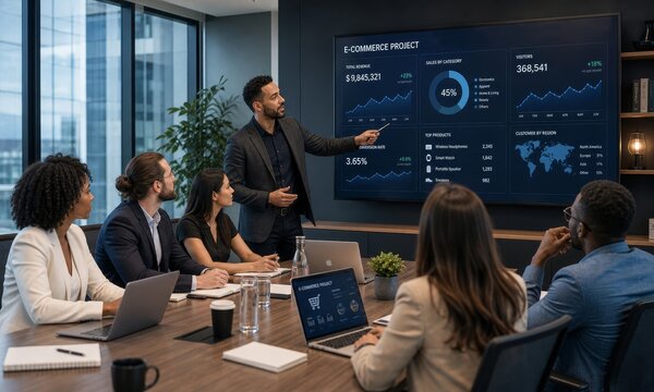 Business leader presenting data on a large screen to a diverse audience in a modern boardroom.