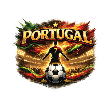 "Portugal football t-shirt design, iconic number 7 silhouette, green red energy waves, giant PORTUGAL typography, realistic football, premium sports fashion artwork."

