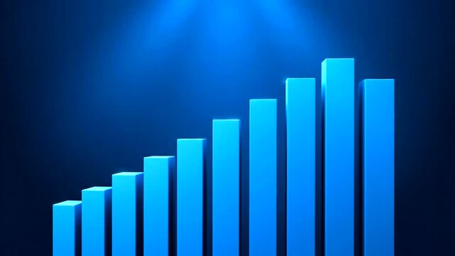 Blue 3D bar chart graph rising.