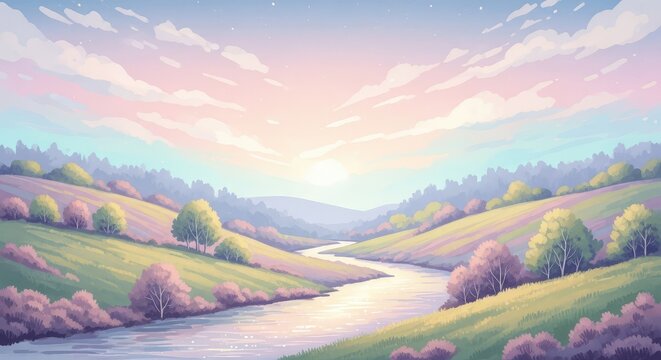Serene landscape with rolling hills river.