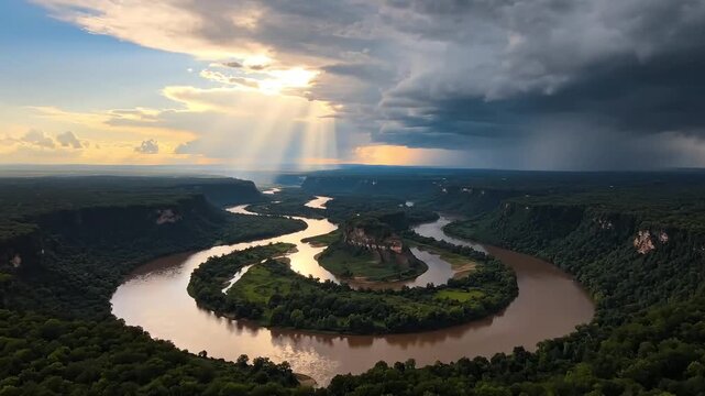 Majestic river bends through lush green jungle under dramatic sunbeams and stormy clouds.