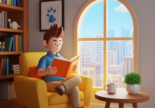 cartoon man relaxing reading a book on a yellow sofa near a large window with a city view.