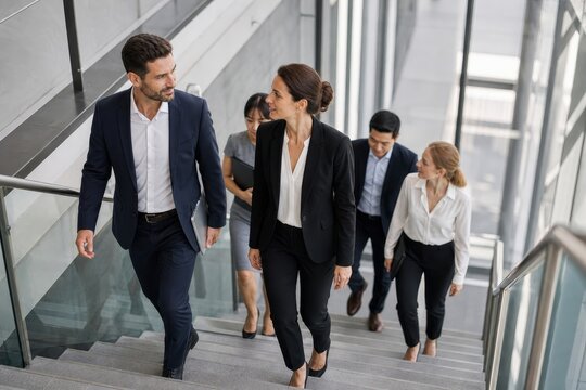 Group of five business professionals walk up a modern staircase together, engaged in conversation and heading towards a meeting.