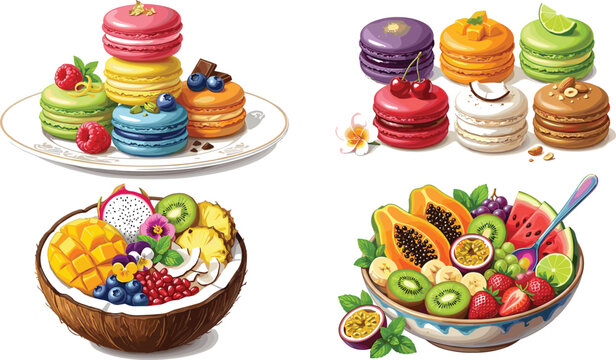 Gourmet French macarons vector illustration with colorful stacked patisserie cookies and fresh berries