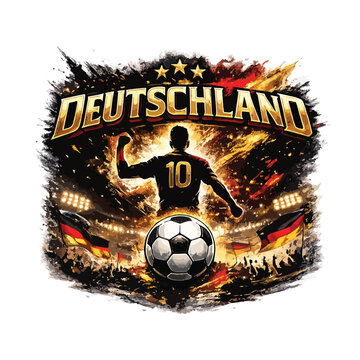 "Germany football t-shirt design, giant DEUTSCHLAND typography, powerful black red gold paint splashes, football warrior silhouette, realistic football