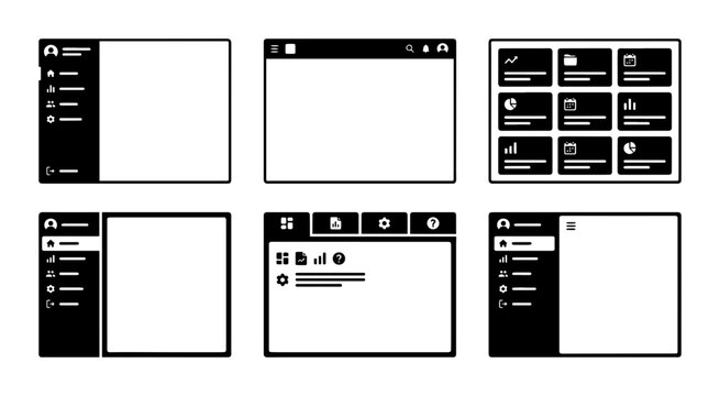 UI Design Elements, Web Interface Templates, UX Navigation Layouts, Modern Black and White UI Kits