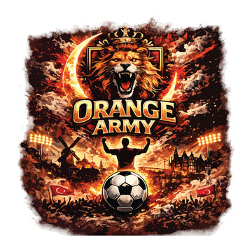 "Netherlands football t-shirt design, giant ORANGE ARMY typography, vibrant orange paint effects, realistic football, energetic player silhouette, stadium spotlight atmosphere."
