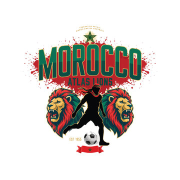 "Morocco Atlas Lions football t-shirt design, bold MOROCCO typography, red paint explosion, green star elements, realistic football, football warrior silhouette with Lion icon 