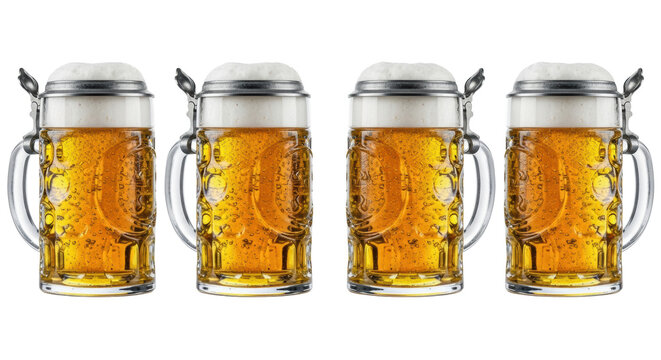 Four crystal-clear german beer steins with sparkling golden lager, creamy foam, and condensation on a white background. Concept for beverage advertising.