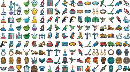 Mega set of colorful pixel art icons featuring chemistry lab equipment winter sports birds construction vehicles and ancient artifacts vector illustration isolated on white background © Mdsahidul