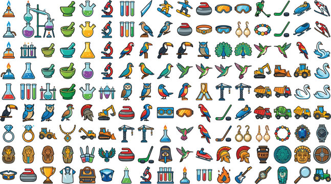 Mega set of colorful pixel art icons featuring chemistry lab equipment winter sports birds construction vehicles and ancient artifacts vector illustration isolated on white background