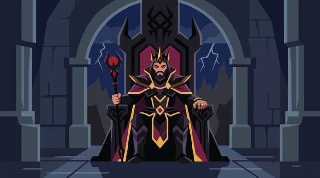 Dark wizard king sitting on obsidian throne during lightning storm vector. Sinister emperor with crown and magic staff flat design. Fantasy villain character banner.