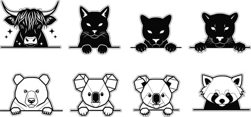 Obraz premium Cute Peeking Animals Vector Icon Set Featuring Cow Cat Panther Bear Koala and Red Panda Characters for Creative Kids Design and Animal Lovers Graphics