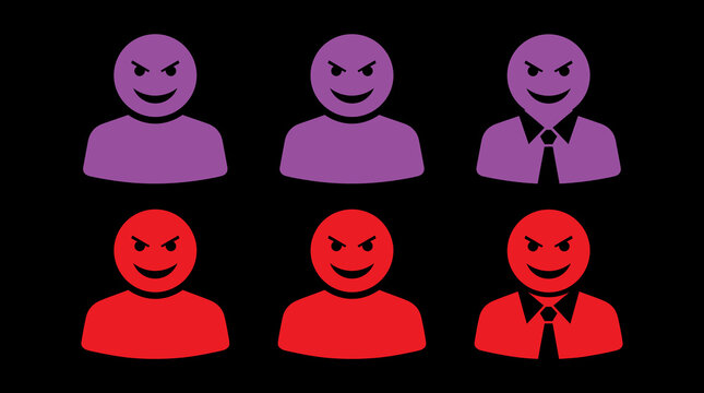 Evil villain character icon set in purple and red with character mischievous antagonist interface