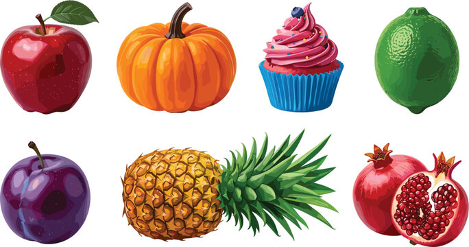Fresh autumn pumpkin and glossy red apple vector illustration set for Thanksgiving harvest design