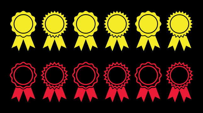 Set of award ribbon rosette icons in yellow and red with achievement excellence competition