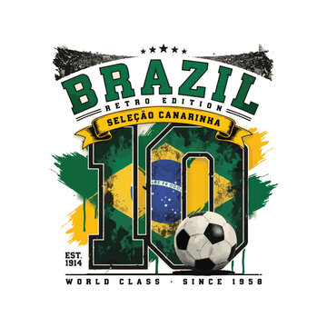 "Vintage Brazil football t-shirt design, typography, retro number 10 silhouette, classic green yellow paint splashes, 