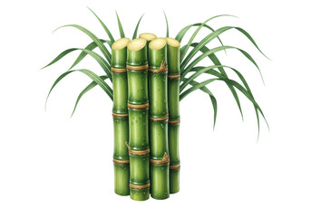 Fototapeta premium Bundled stalks of freshly cut green sugarcane in a photorealistic watercolor style, isolated on a transparent background. Concept of natural sweeteners