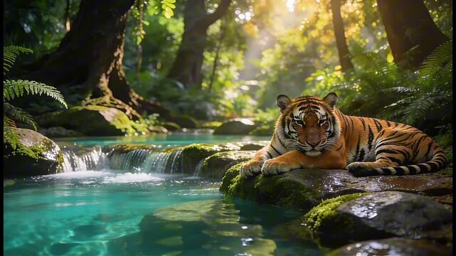 beautiful cinematic shot of a healthy wild bengal tiger resting peacefully inside a pristine habitat sanctuary surrounded by lush nature