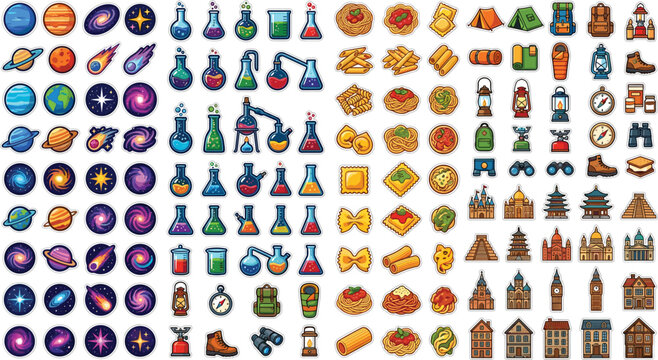 Mega set of colorful pixel art icons featuring space planets chemistry lab flasks italian pasta camping gear and architectural landmarks vector illustration isolated on white background