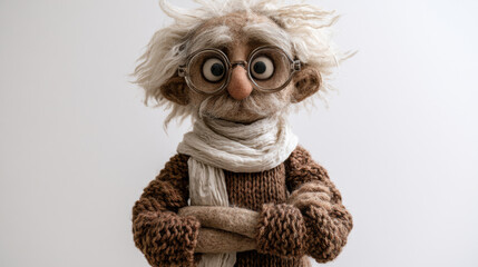 Obraz premium Elderly man puppet handmade doll front view portrait wool hair round eyeglass knitted sweater white scarf calm expression