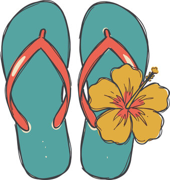 Hand drawn pair of flip flops with hibiscus flower, summer beach sandals clipart vector illustration, SVG