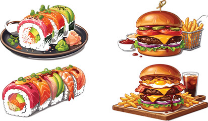 Gourmet Japanese sushi rainbow roll vector illustration with fresh salmon tuna shrimp and avocado toppings © Mst