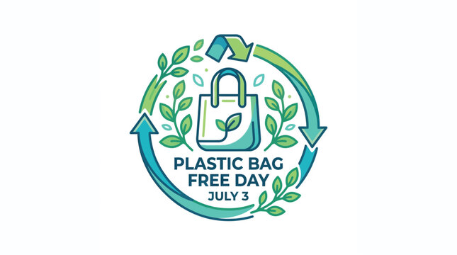 Logo design for Plastic Bag Free Day features a reusable shopping bag surrounded by green leaves and recycling arrows.