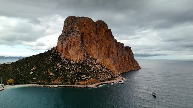 Aerial drone view of Penon de Ifach rock formation, Calpe, Spain