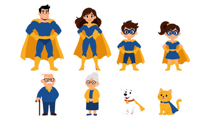 Cartoon superhero family with grandparents, dog and cat © Andrei