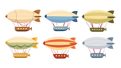 Set of colorful vintage airships in flat vector style © Andrei