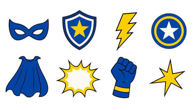 Set of blue and yellow superhero costume and power icons