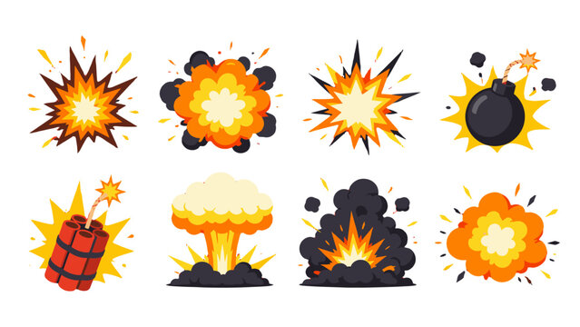 Cartoon explosion and bomb icons set on white background