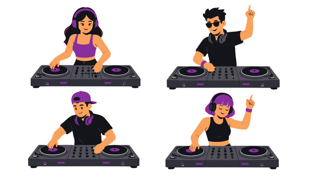 Set of four cartoon DJs mixing music on turntables