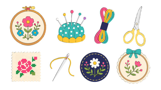Colorful sewing and embroidery tools with floral needlework set