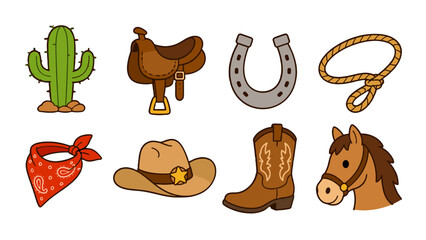 Cartoon western cowboy icons set with horse and accessories © Andrei