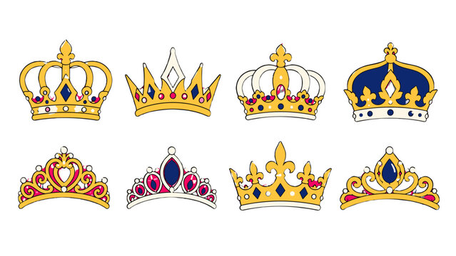 Set of ornate royal crowns and tiaras in colorful vector style