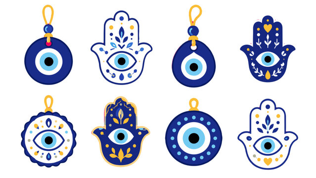 Blue evil eye and hamsa hand talisman icon set