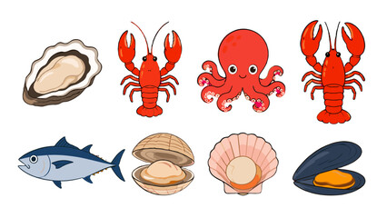 Cartoon seafood collection with shellfish, lobster, octopus, and fish © Andrei