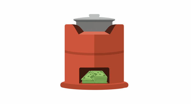 Traditional clay cooking stove with metal pot illustration.