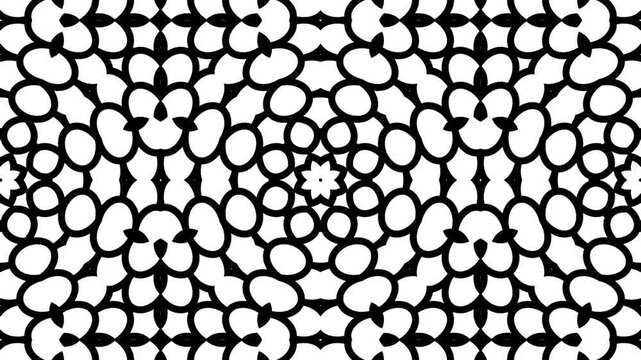 Black kaleidoscope lines form repeating floral patterns. geometric decorative motion.
