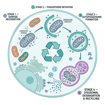 Autophagy cellular self-cleaning mechanism 2D cartoon flat design vector infographic, lysosome damaged organelle recycling anti-aging cell biology education illustration