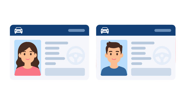Female and male driver license cards in flat vector style