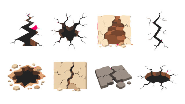 Set of cracked wall and ground holes in cartoon vector style