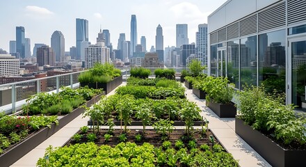 Fototapeta premium Lush rooftop garden with rows of green plants and vegetables in raised beds, overlooking a modern city skyline with skyscrapers under a bright sky.